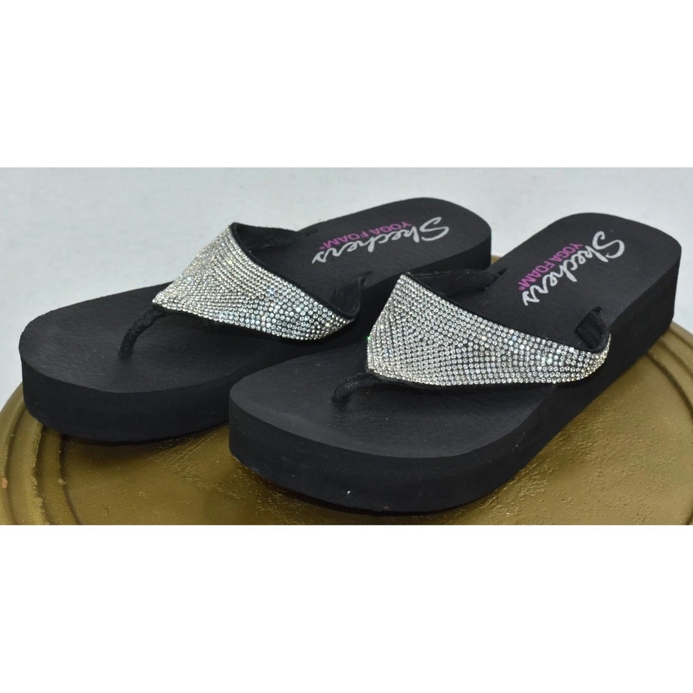 Skechers Vinyasa Women Sandals Size 8 Black Rhinestone Platform Slip On